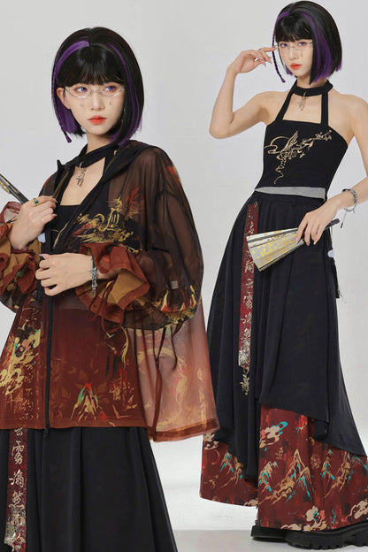 Gold Dragon Embroidered Choker Top (with Cups) + Chinese-Style Wide-Leg Pants
