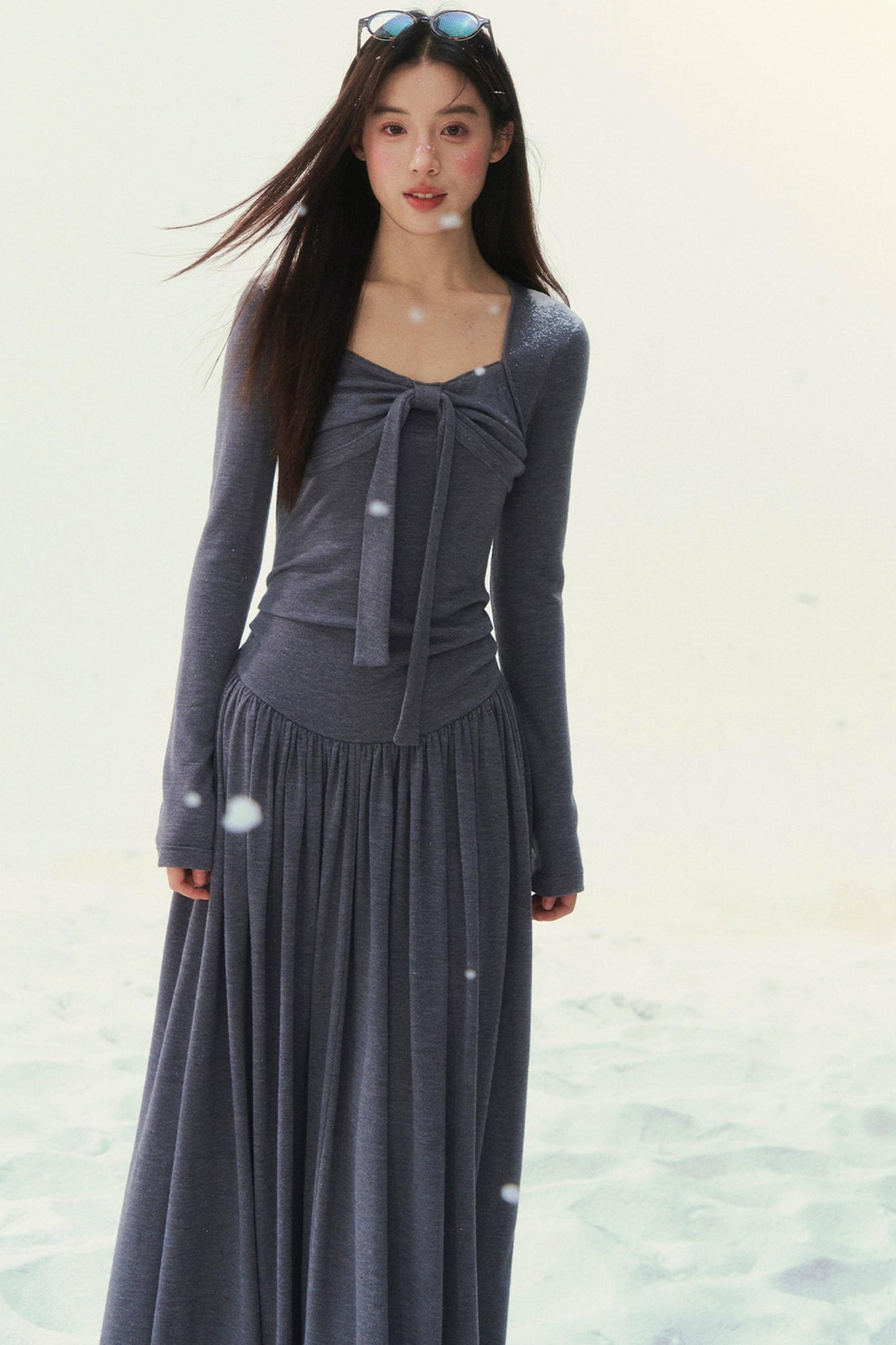 Gray Knit Waist Shaping French Dress