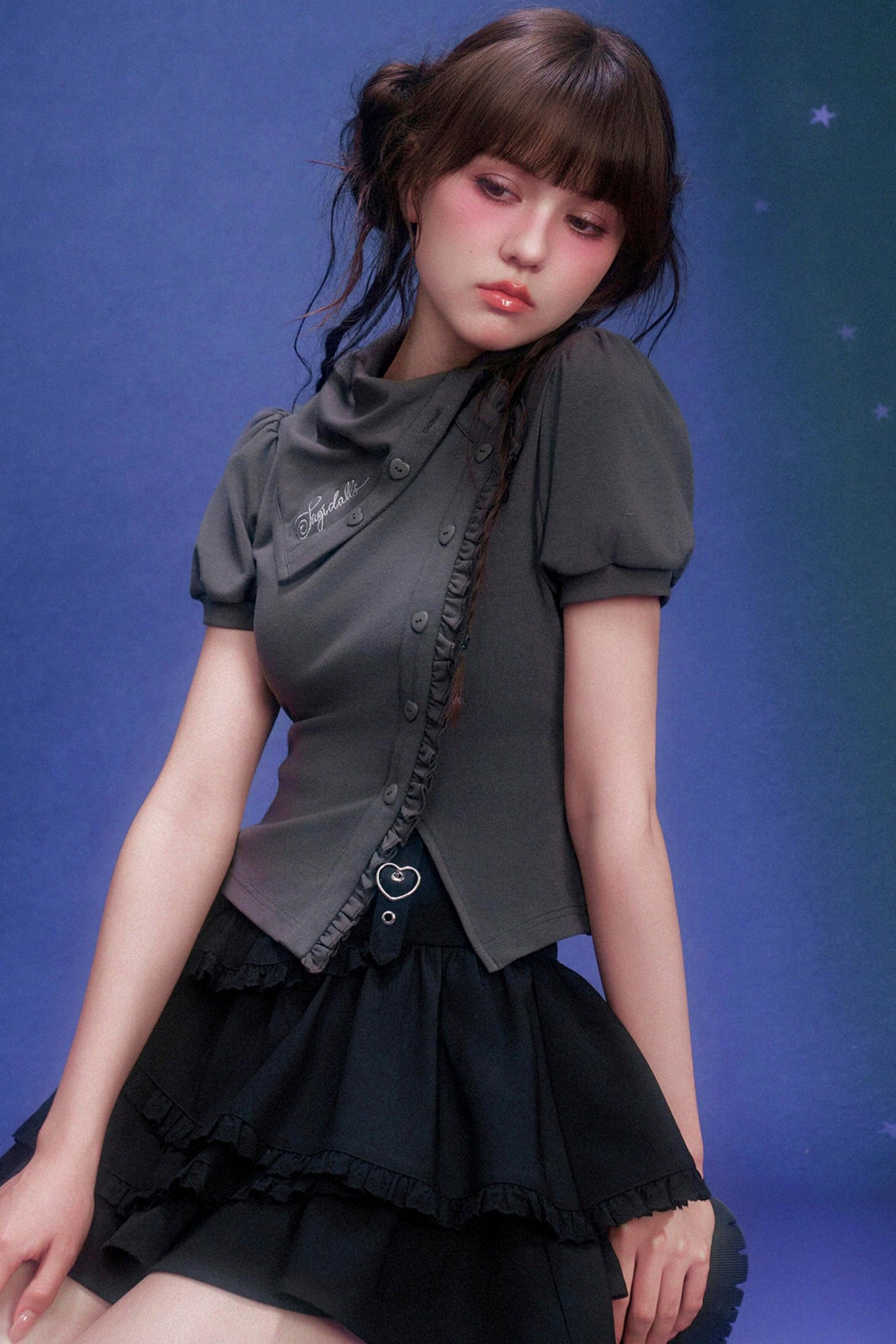 Dark-Kawaii-Oberteil mit Puffärmeln