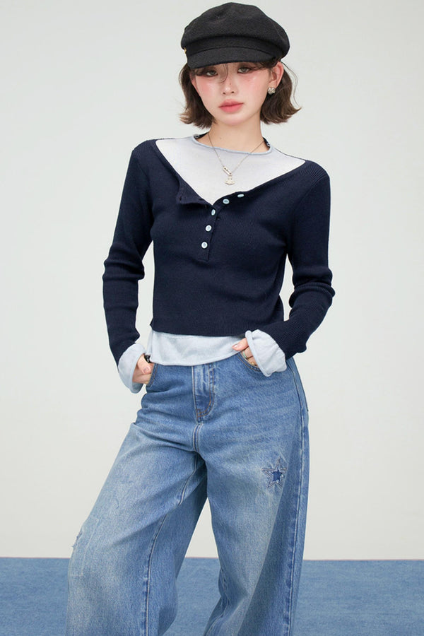 カジュアルコントラストタイトトップス