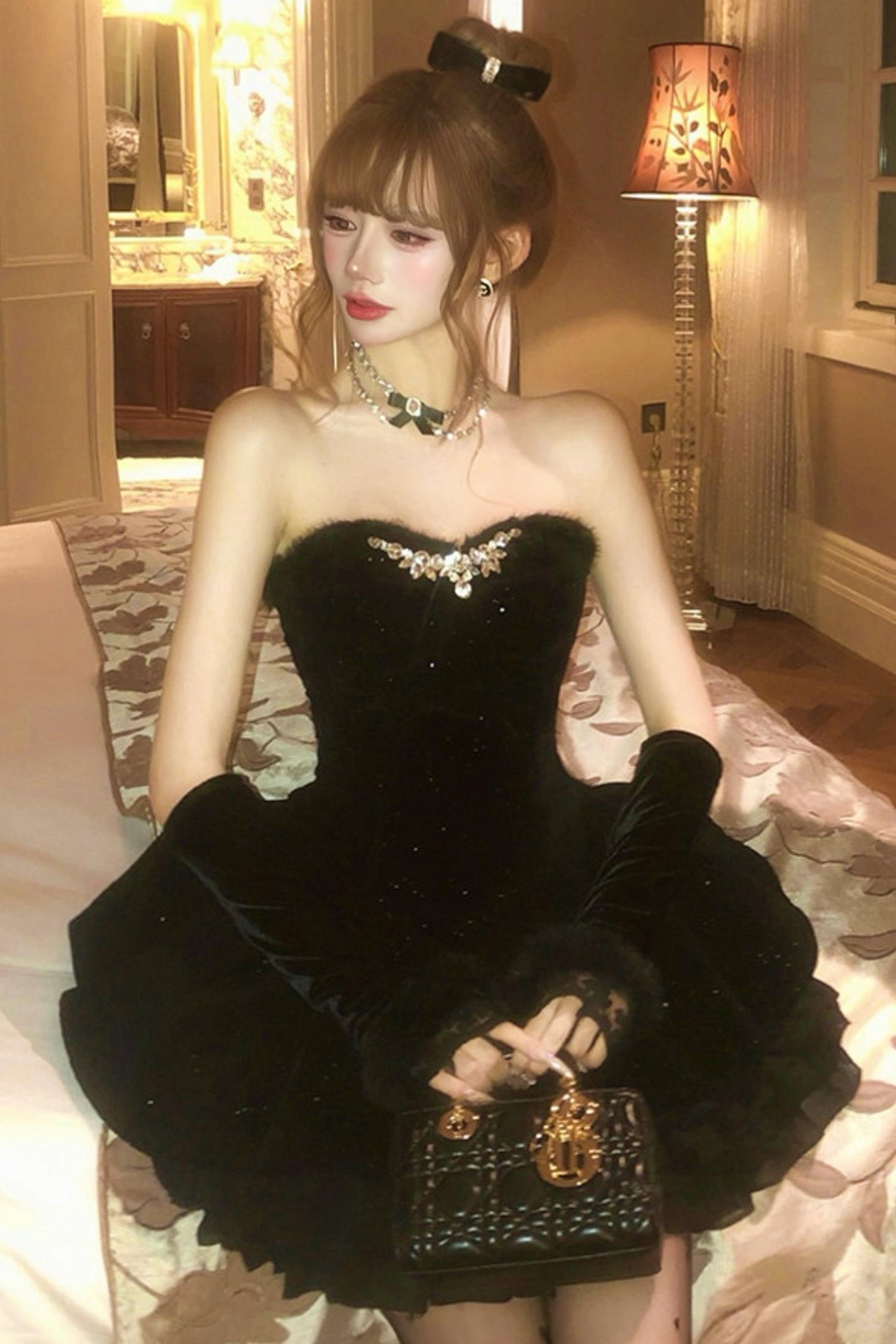 French off-the-shoulder dress + shawl + sleeves