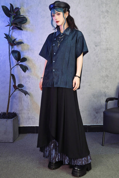 Embroidered Color Asymmetrical Chinese-Style Shirt