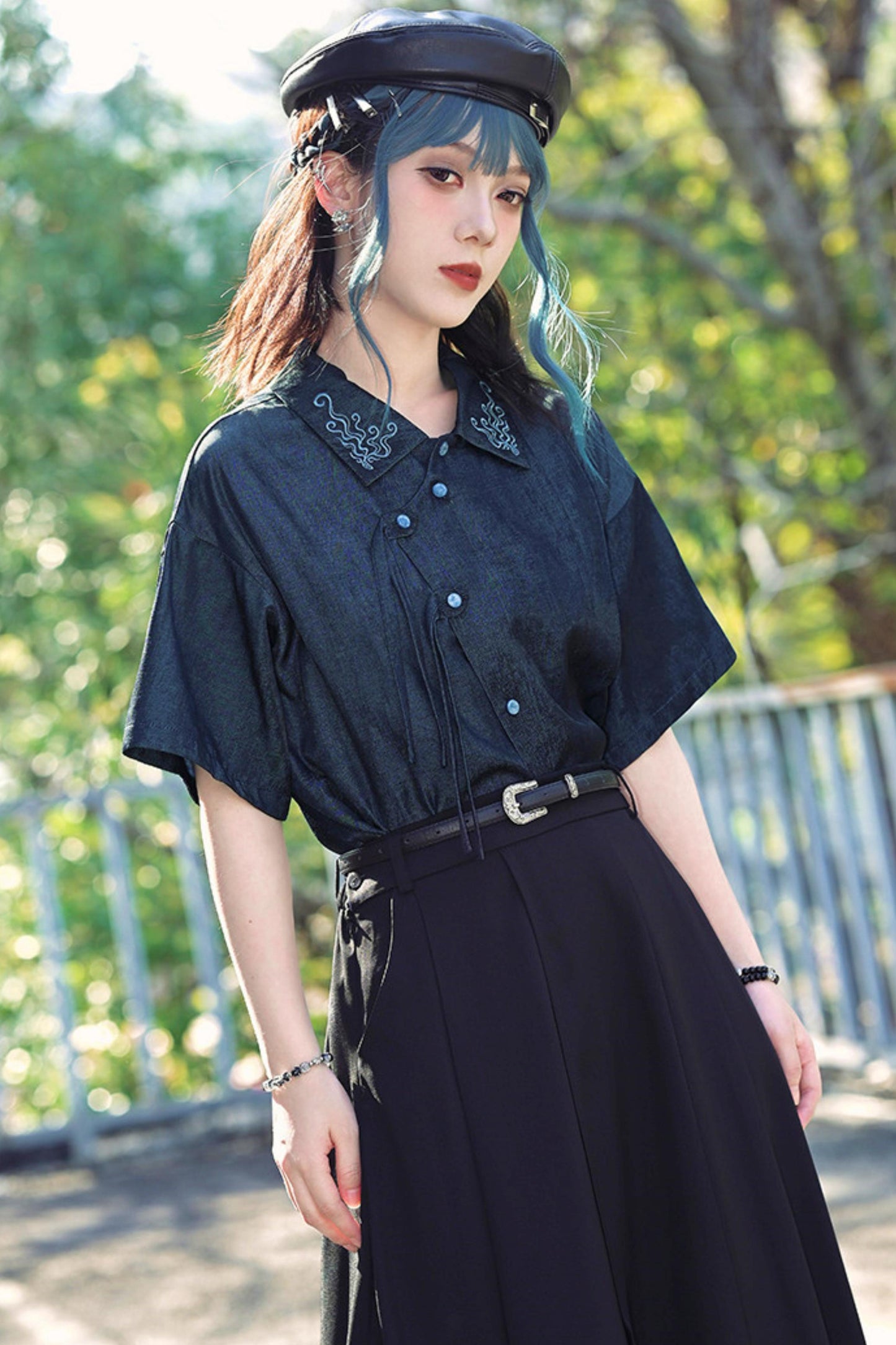 Embroidered Color Asymmetrical Chinese-Style Shirt