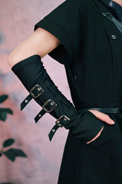 Black Dark Fantasy Metal Buckle Arm Covers (Fingerless Gloves)