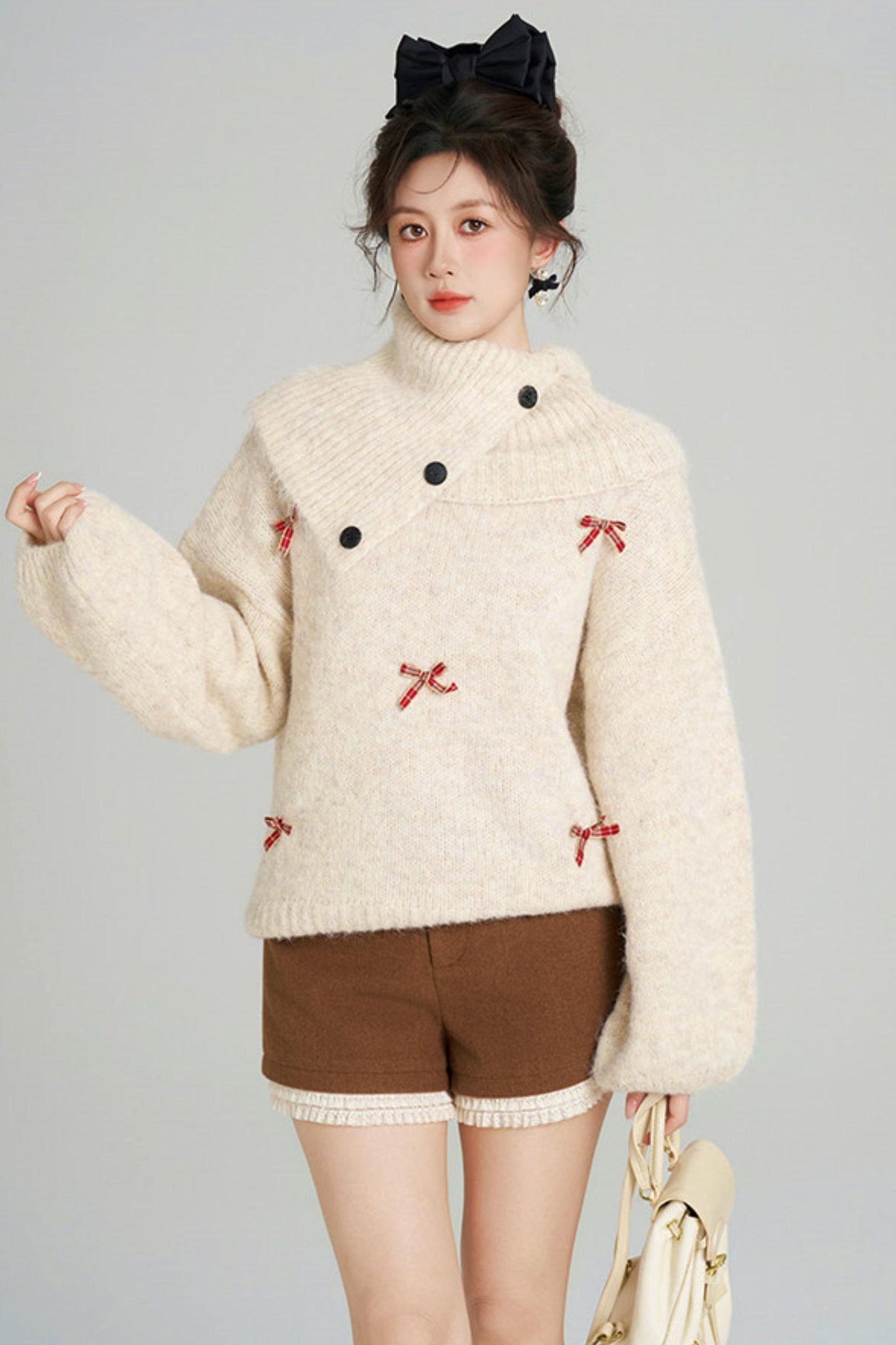 リボンフレンチニットセーター+ショートパンツ