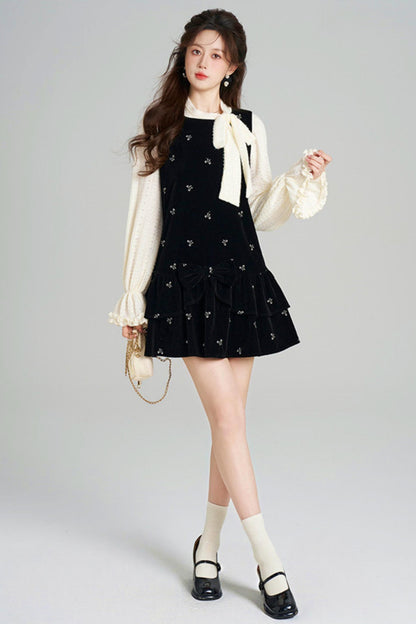 French Sweet Käbel Velvet Dress + Ribbon Neck Blouse