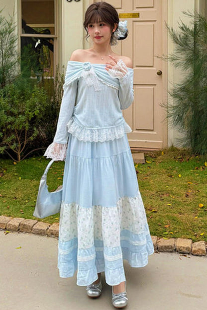 レースパッチワークオフショルダートップス+ロングスカート