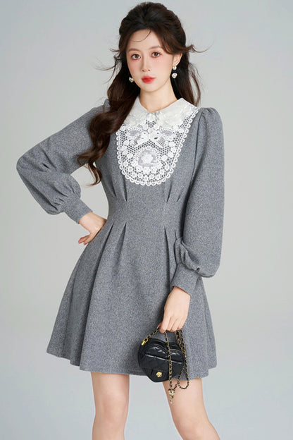 Lace Neck Design Waist Marked Dress