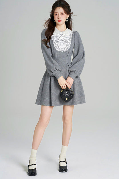 Lace Neck Design Waist Marked Dress