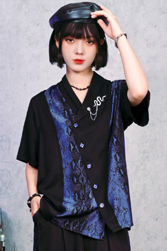 Asymmetrical Collar Snake Print Shirt (with Snake Motif Brooch)