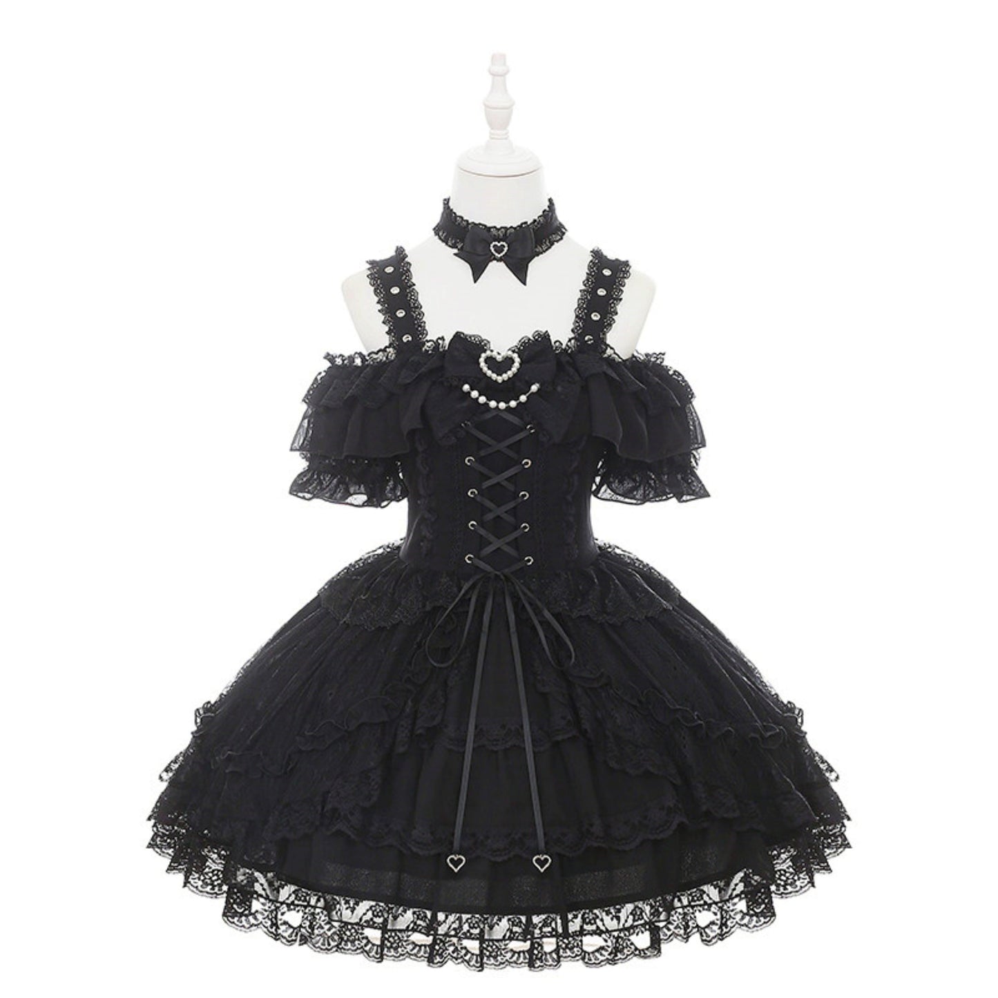 オフショルダー地雷レースドレス+ネックリング