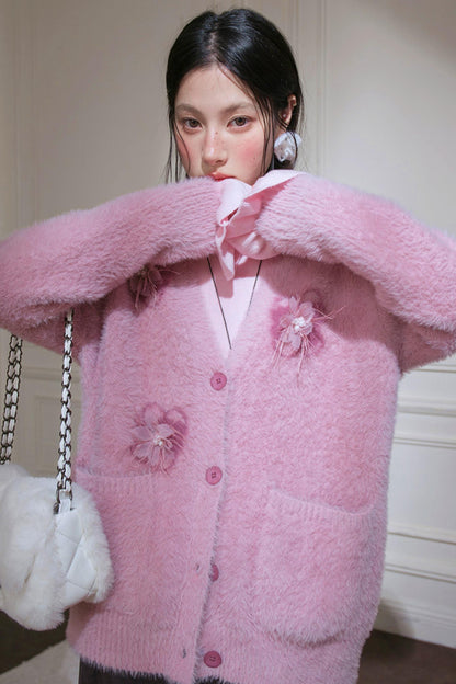 Pink Feather Floral Cardigan