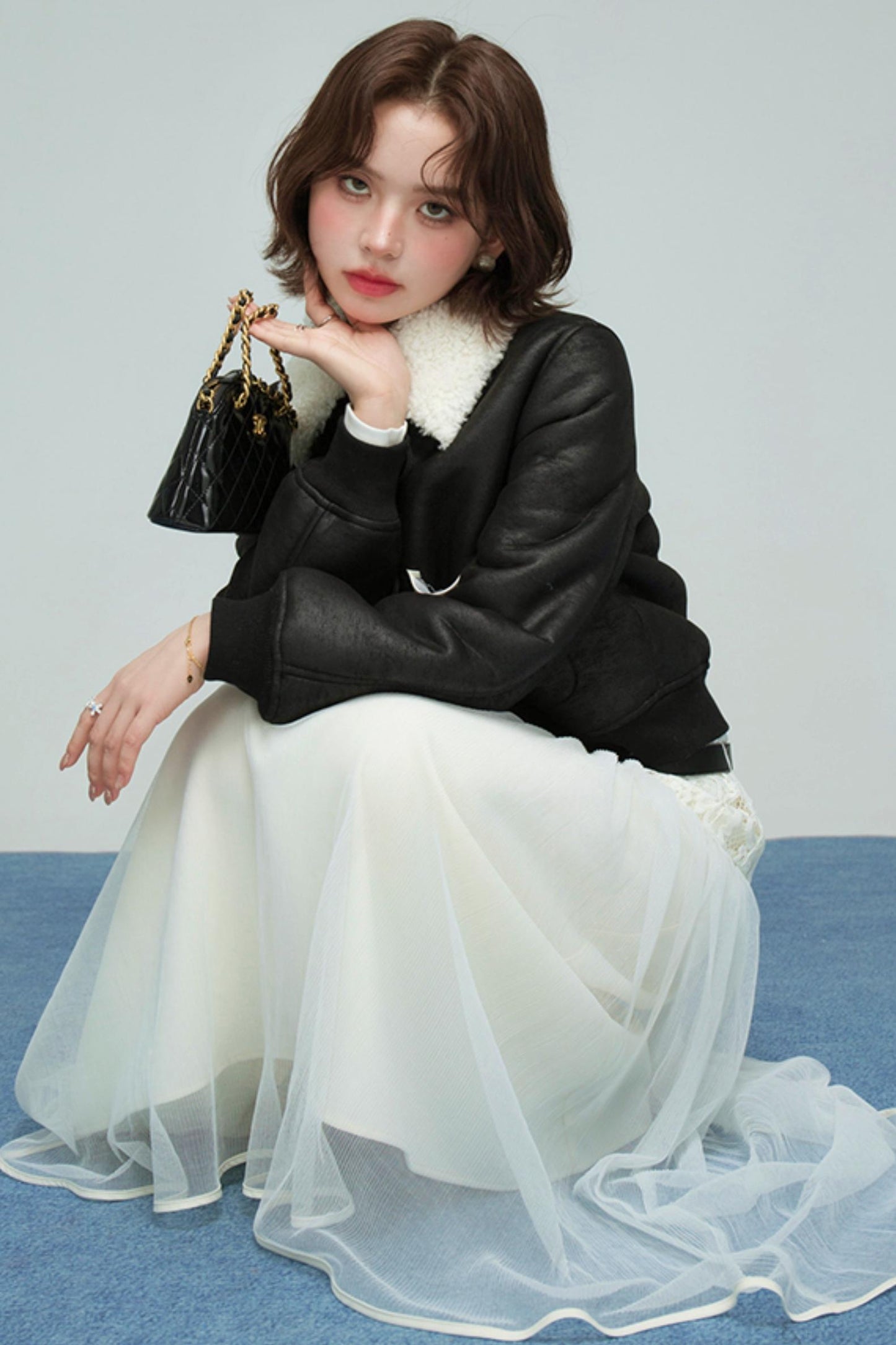 カラーブロックドシアリングコート