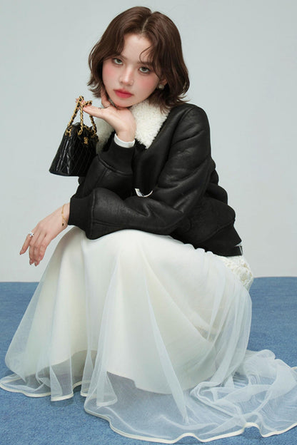 カラーブロックドシアリングコート