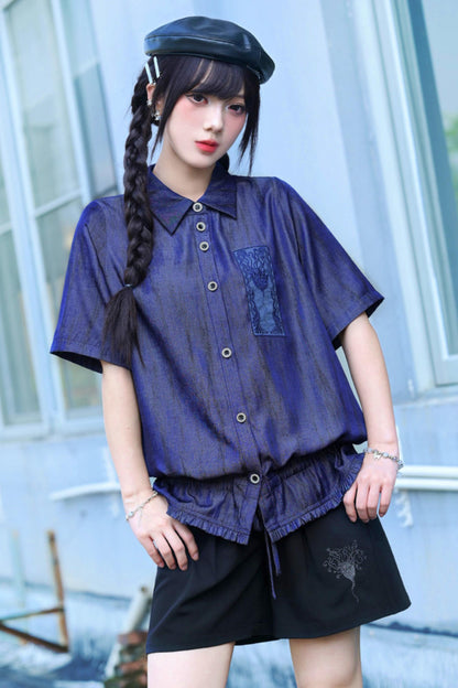Night Blue Embroidered Subculture Shirt