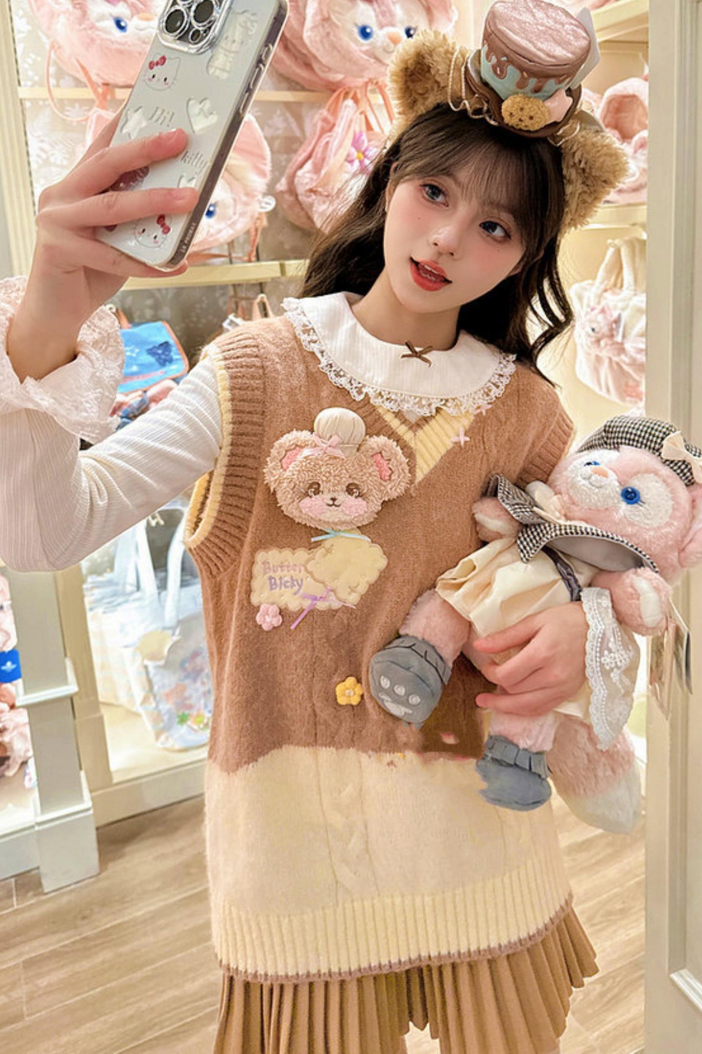 スウィートベアエンブロイダードニットベスト+カーディガン