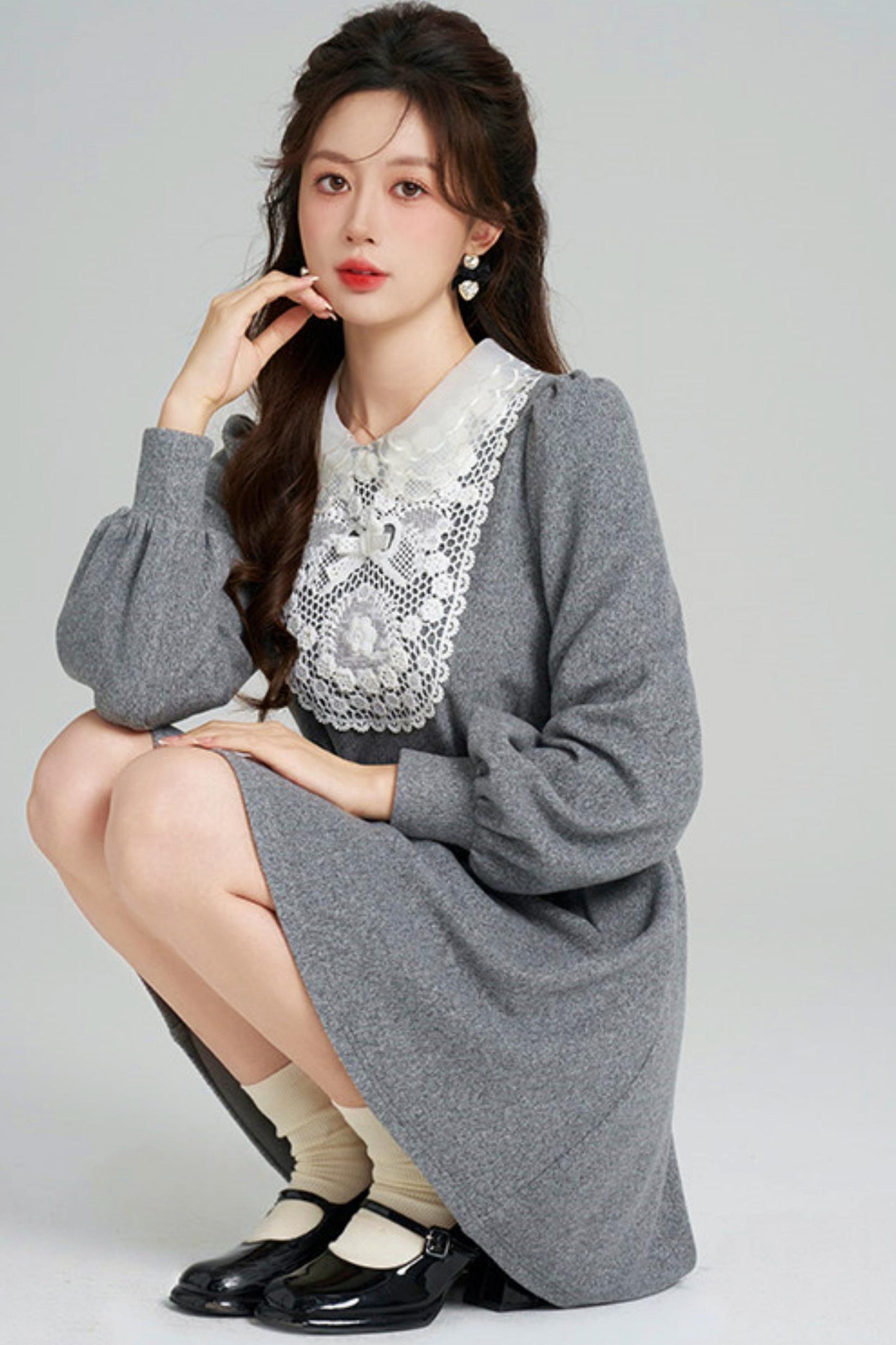 Lace Neck Design Waist Marked Dress