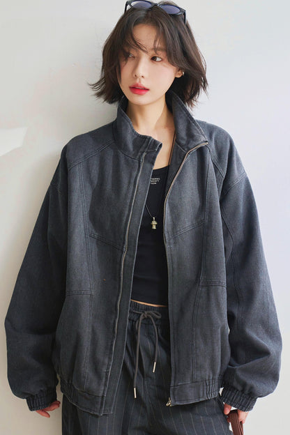Relaxed fit denim stand up jacket