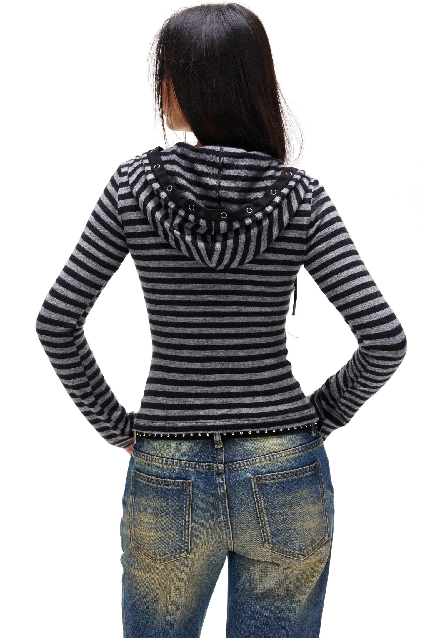 ボーダーフードスリムトップス