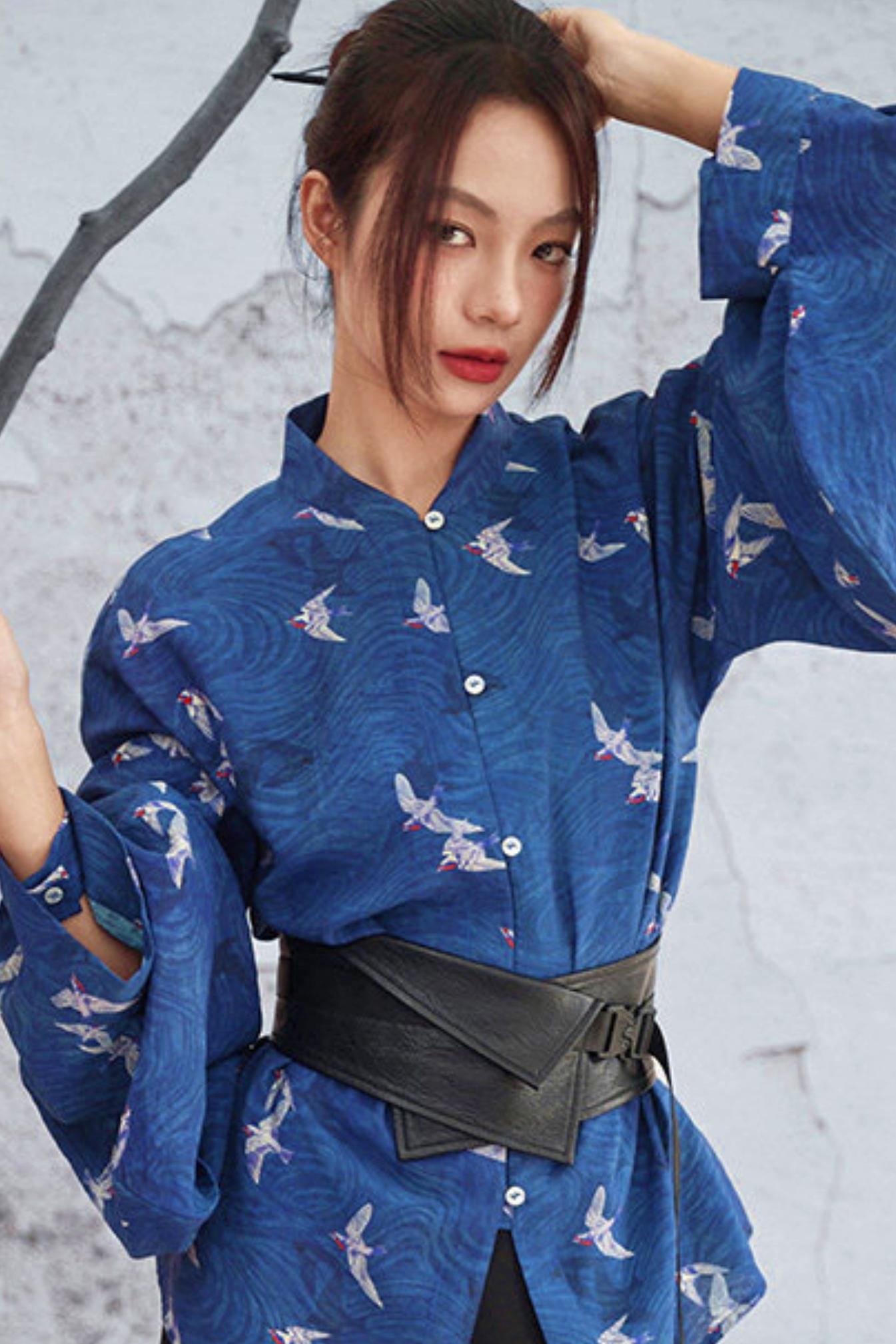 Dark Blue Retro Bird Pattern Stand Collar Shirt