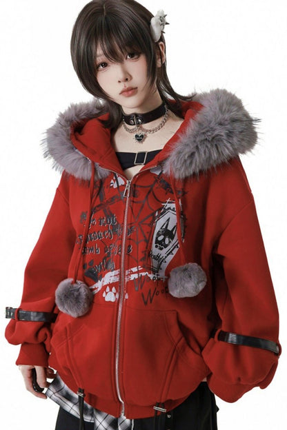 Red Furry Fleece Jacket + Top + Skirt + Accessories