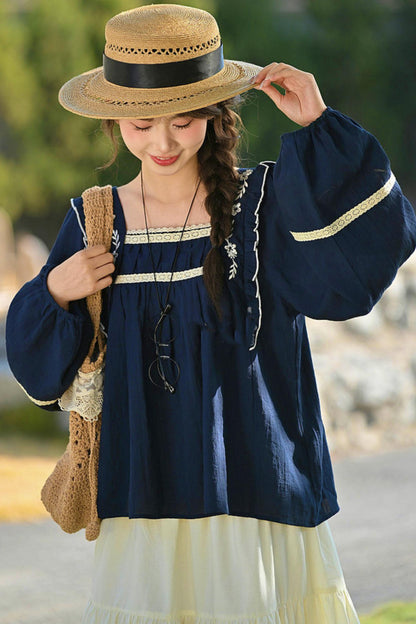 Lace Embroidered Square Collar Blouse