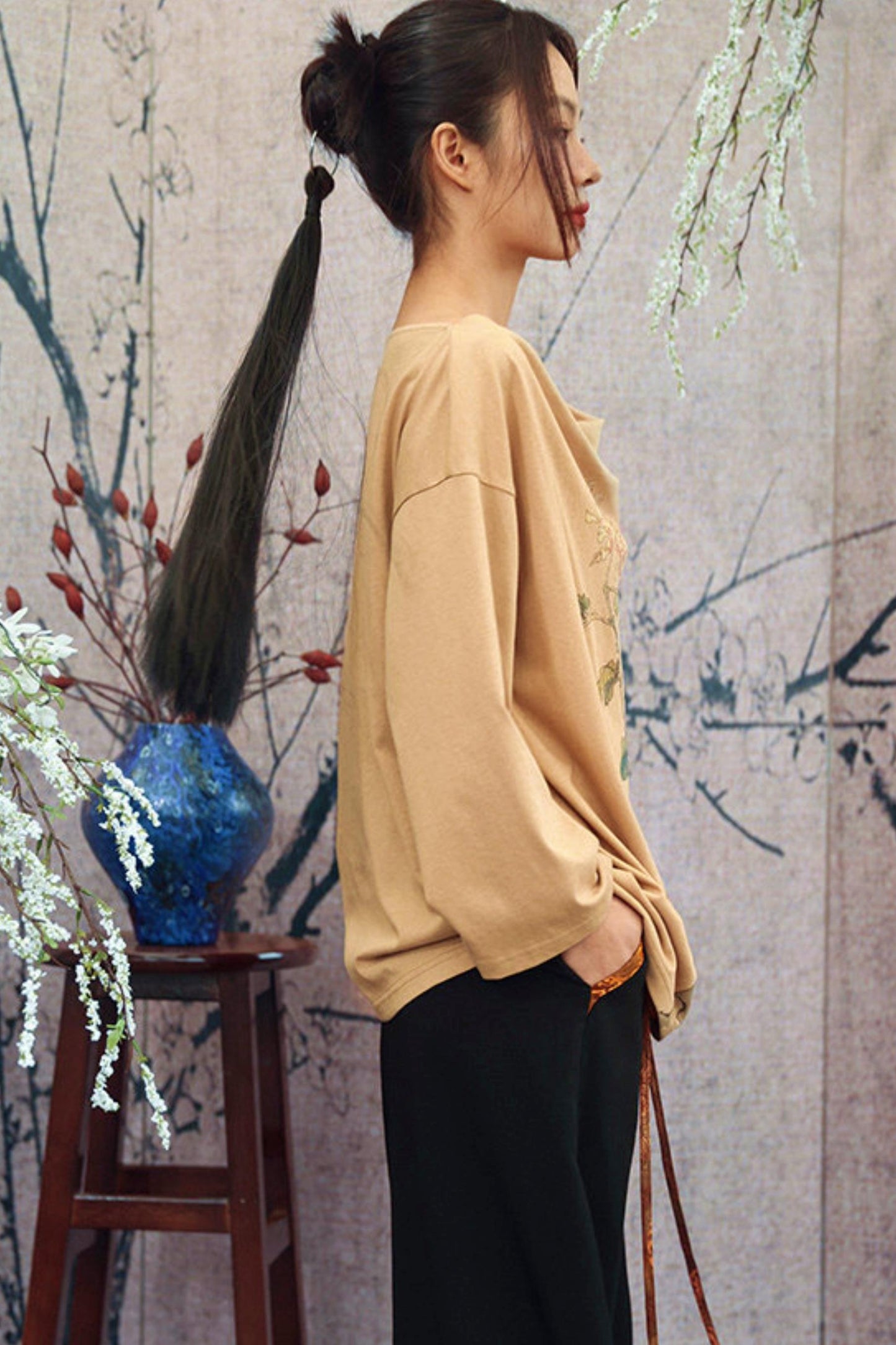 Floral Art Print Drape Neck Top