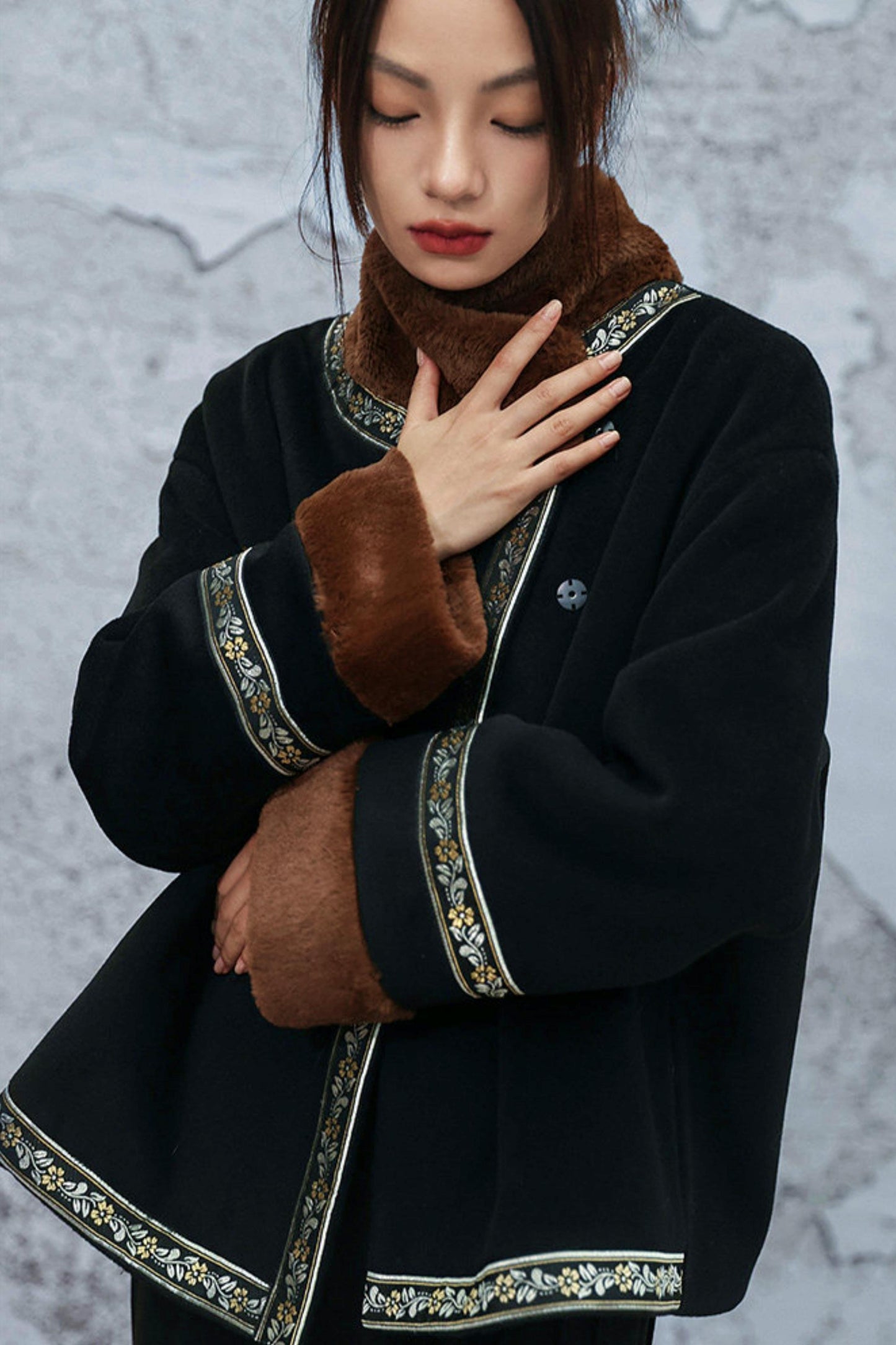 カラーブロックウールンフローラルコート