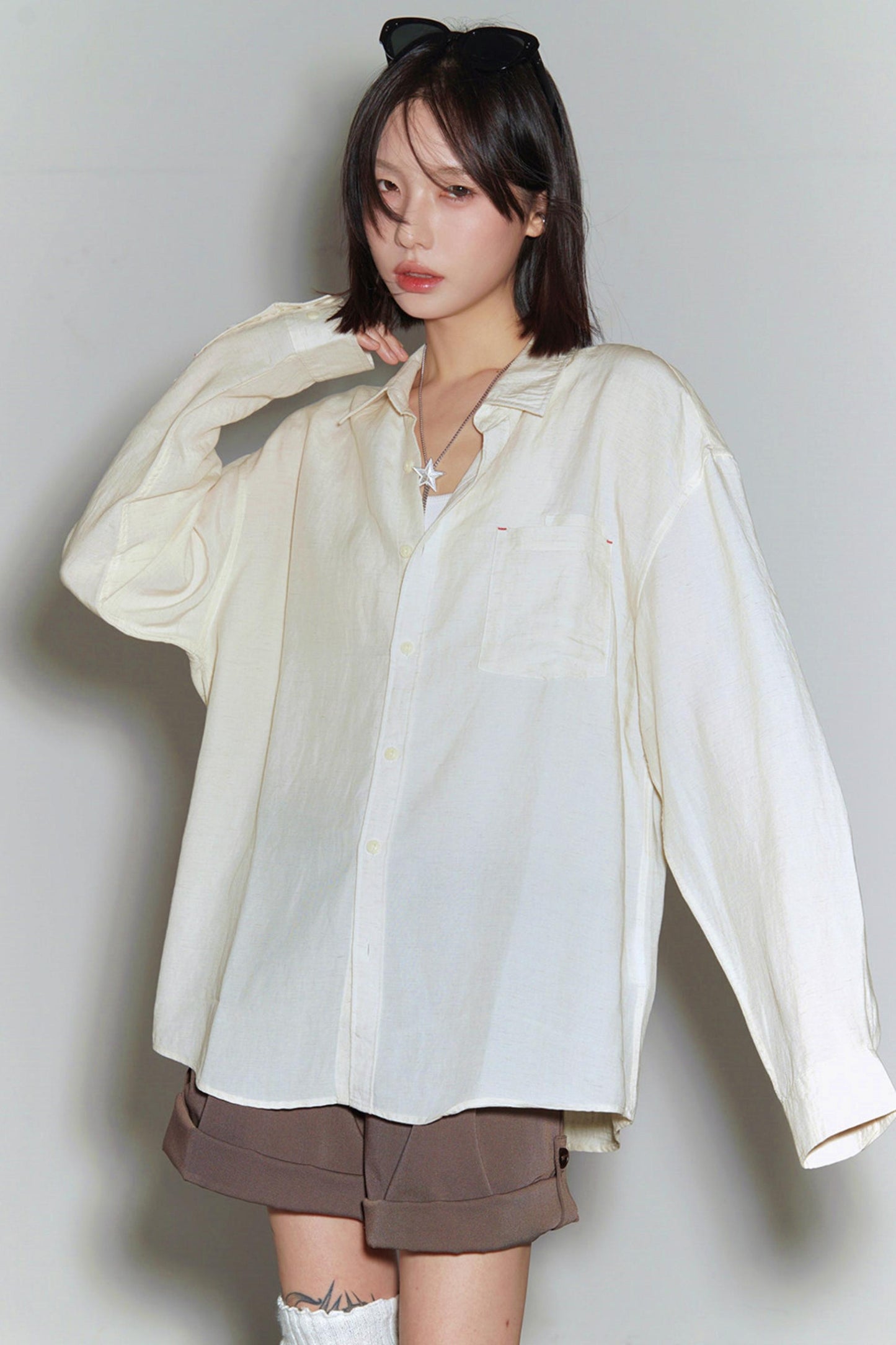 코튼 린넨 긴팔 블라우스