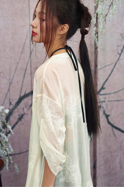 White Sheer Floral Embroidered Band-Collar Shirt Dress