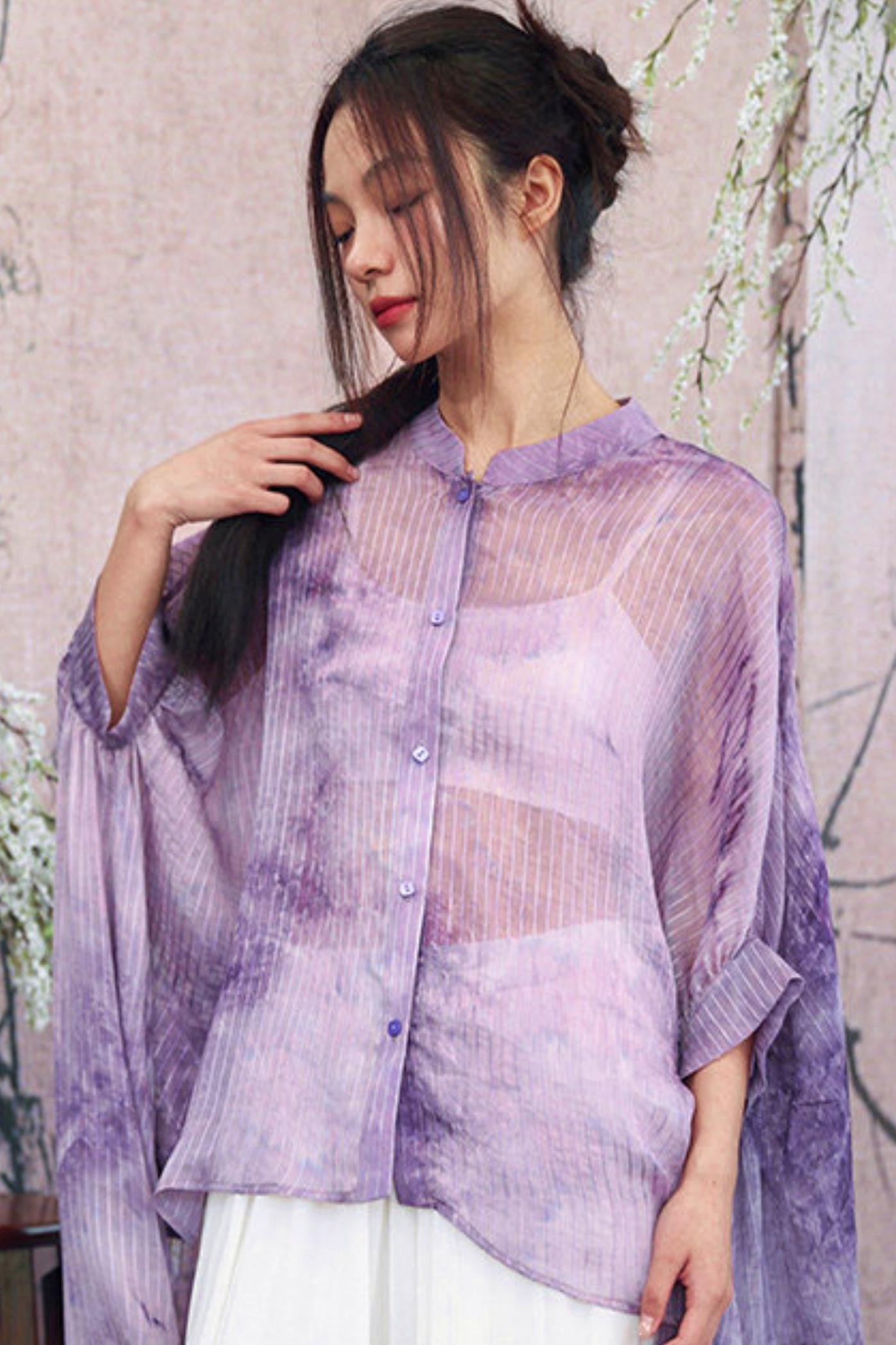 Lila Farbverlauf-Strickjacke mit transparentem Rücken und langem Chiffonhemd-Design