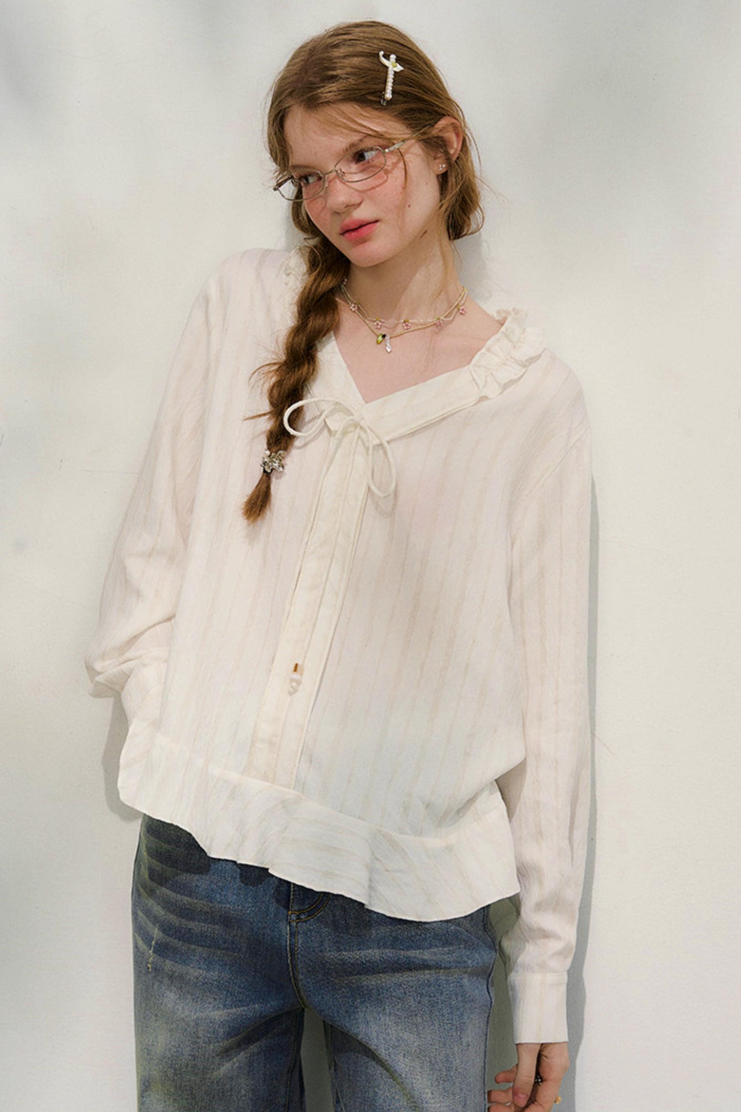 ストライプドレーススリーブブラウス