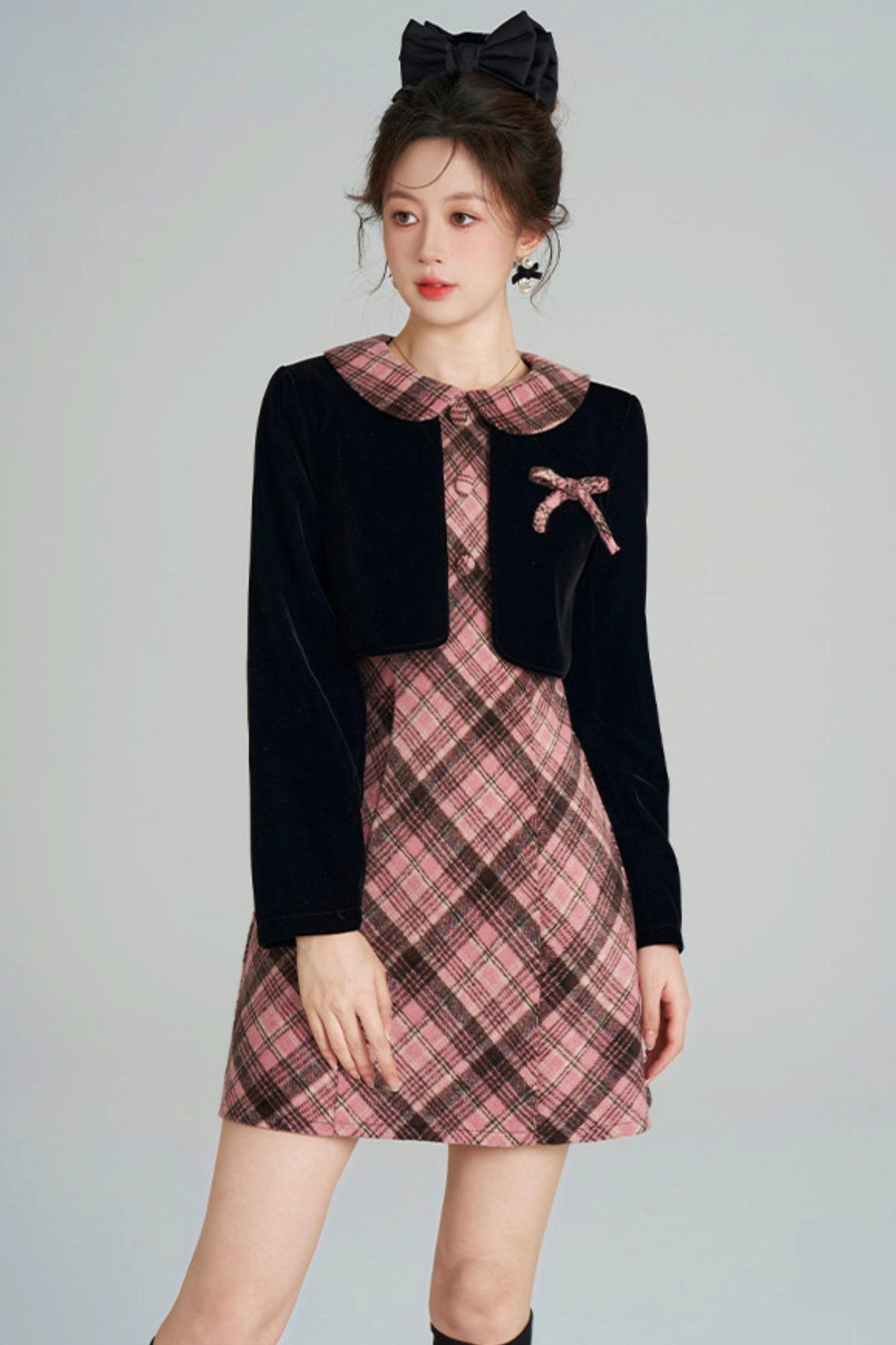 French Retro Plaid Doll Collar Dress