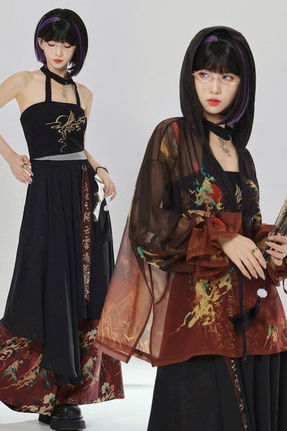Gold Dragon Embroidered Choker Top (with Cups) + Chinese-Style Wide-Leg Pants