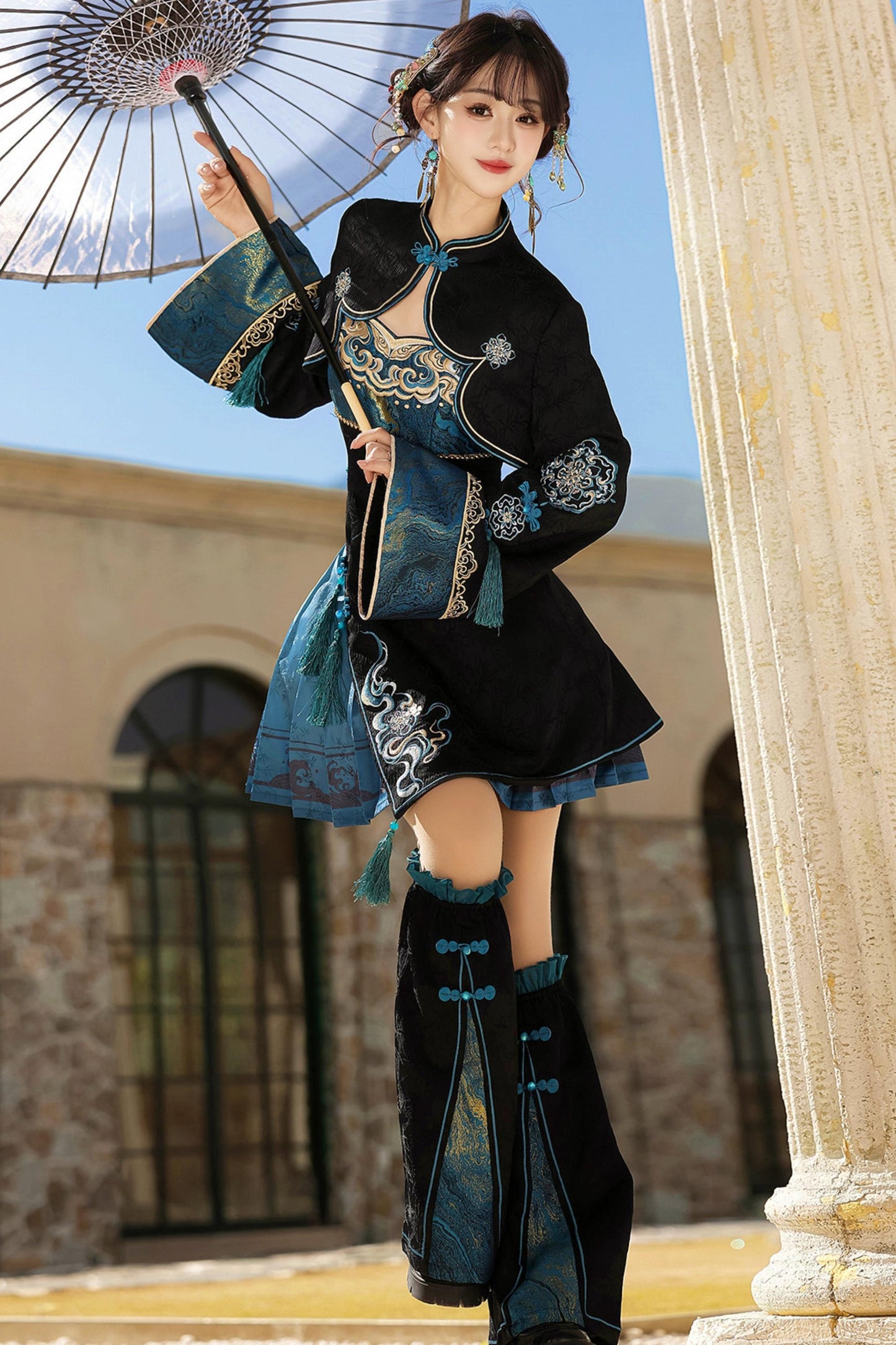 Cyberpunk Chinese-Style Lolita Top + Strapped Dress + Skirt + Leg Covers