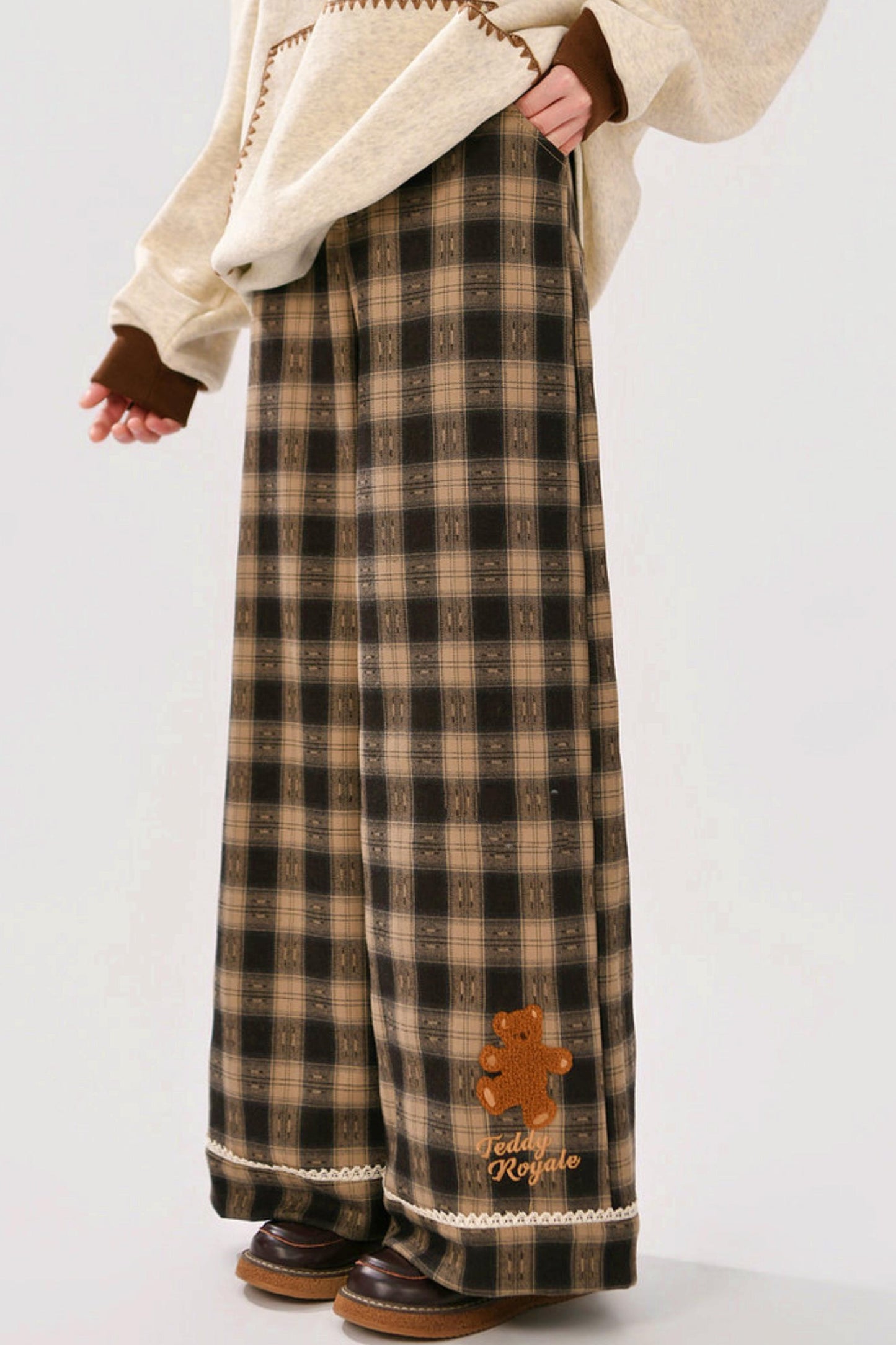 Fleece-Lined Wide Plaid Pants