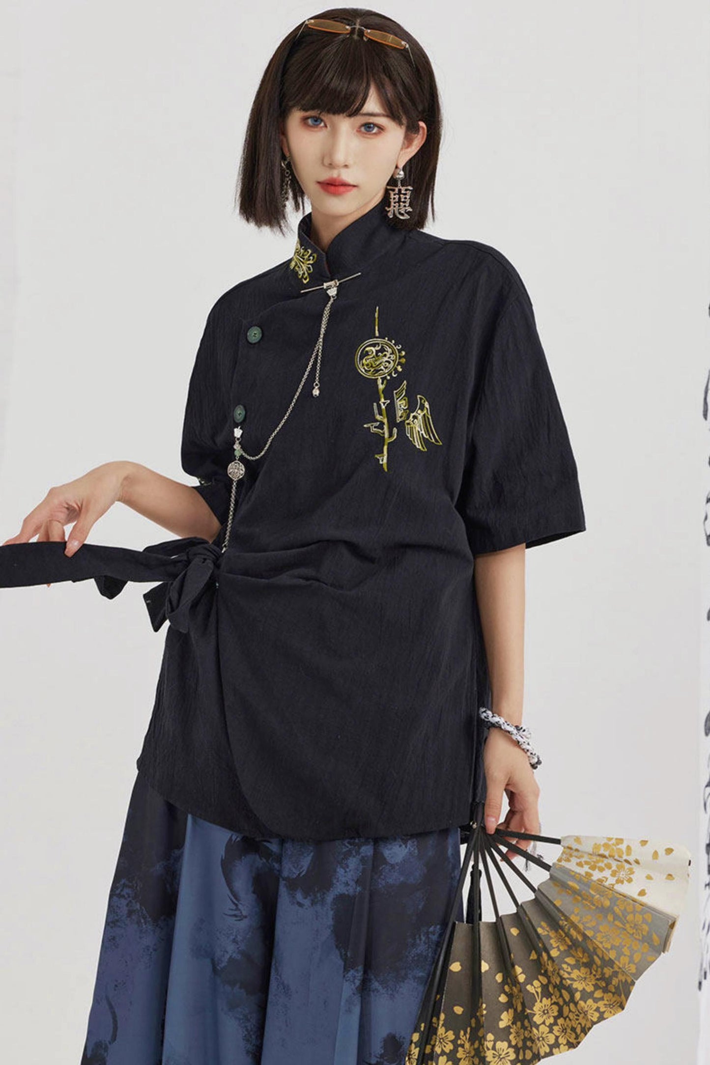 Black and Gold Oriental Ribbon Shirt + Chinese Wide-Leg Pants