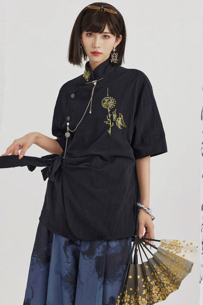 Black and Gold Oriental Ribbon Shirt + Chinese Wide-Leg Pants