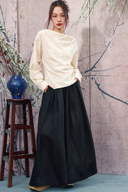 Ensemble élégant haut ample drapé en jacquard blanc cassé + jupe