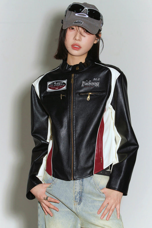パッチワークカラーブロックレザージャケット