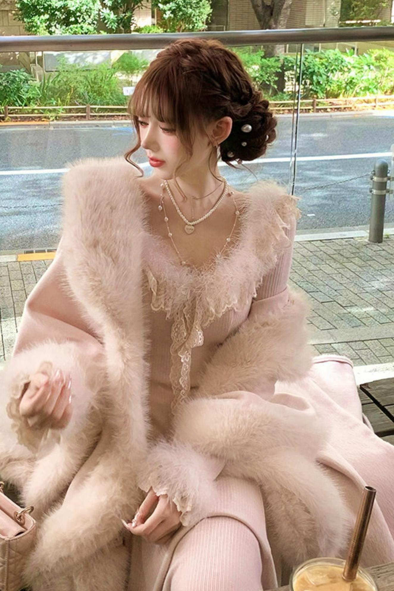 Lace Trimmed Feather Knit Dress