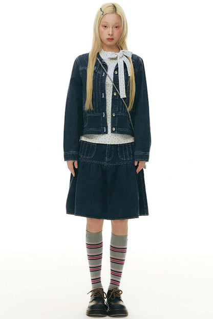 Pleated Denim A-Line Skirt