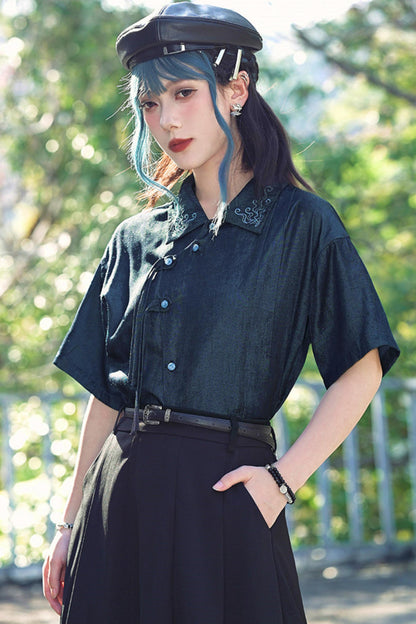 Embroidered Color Asymmetrical Chinese-Style Shirt
