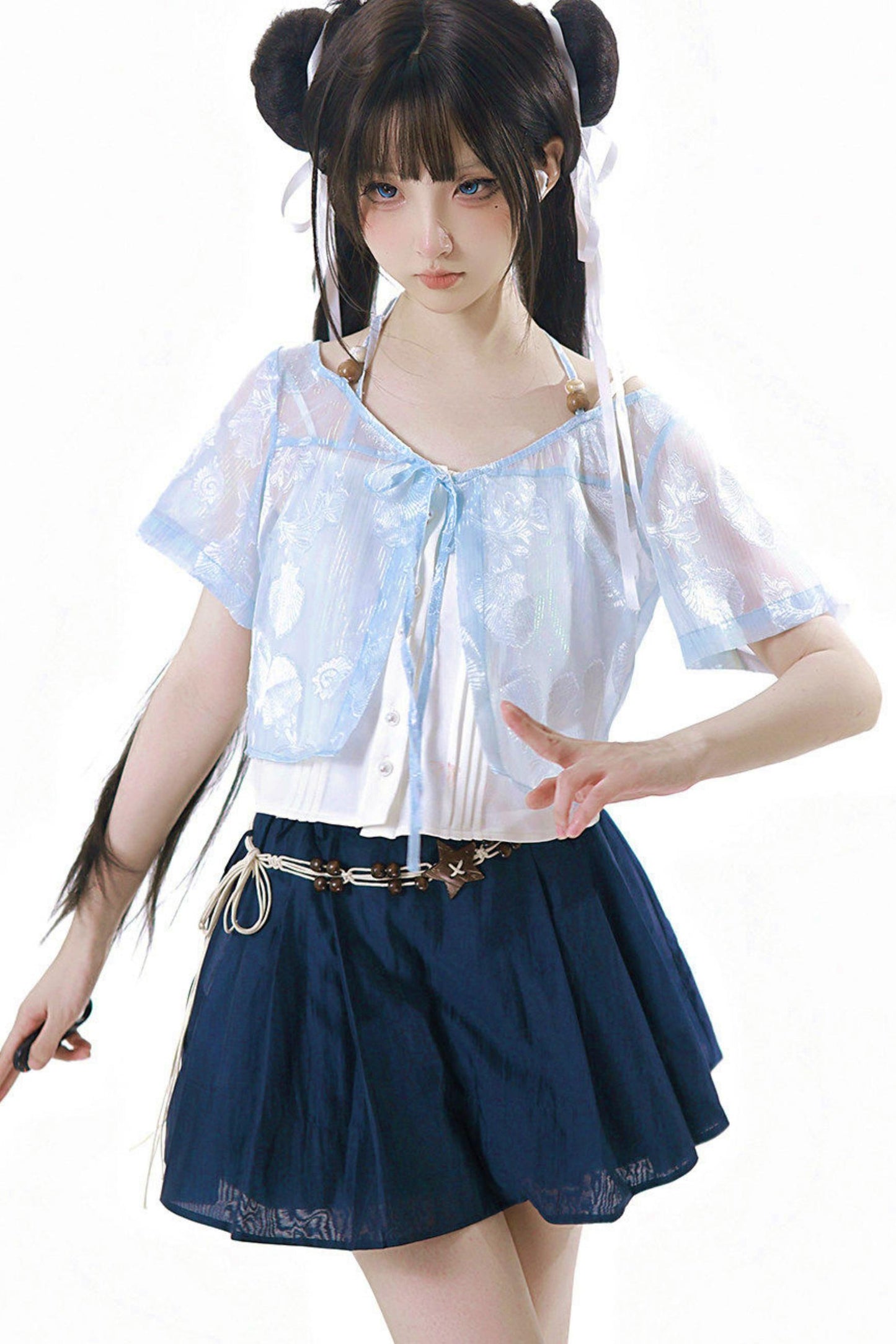 Completo marinaro in chiffon blu trasparente