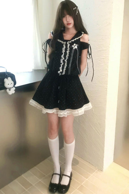 Vestido de hombros descubiertos con estrellas negras + top