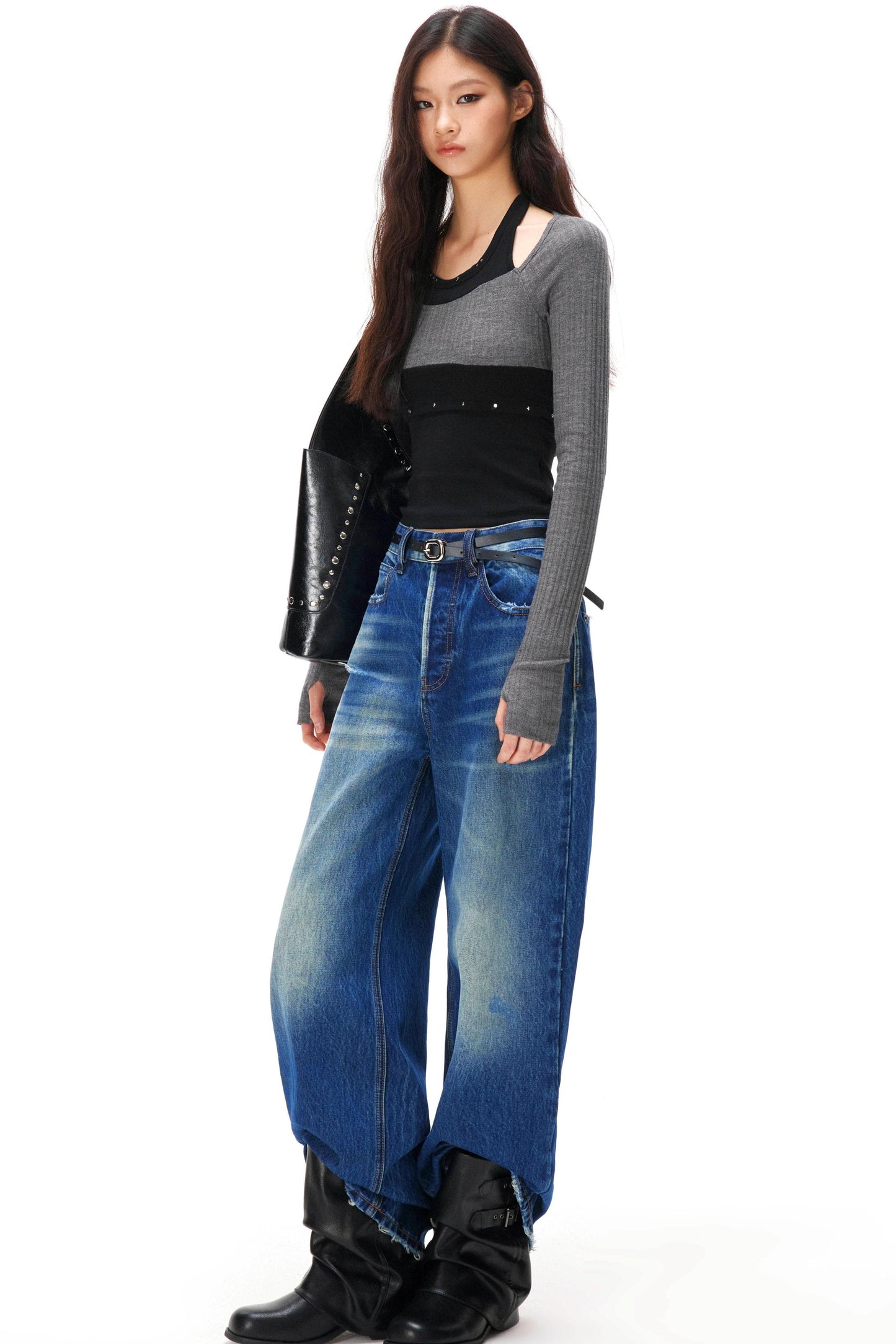 ラインストーンレイヤードニットトップス