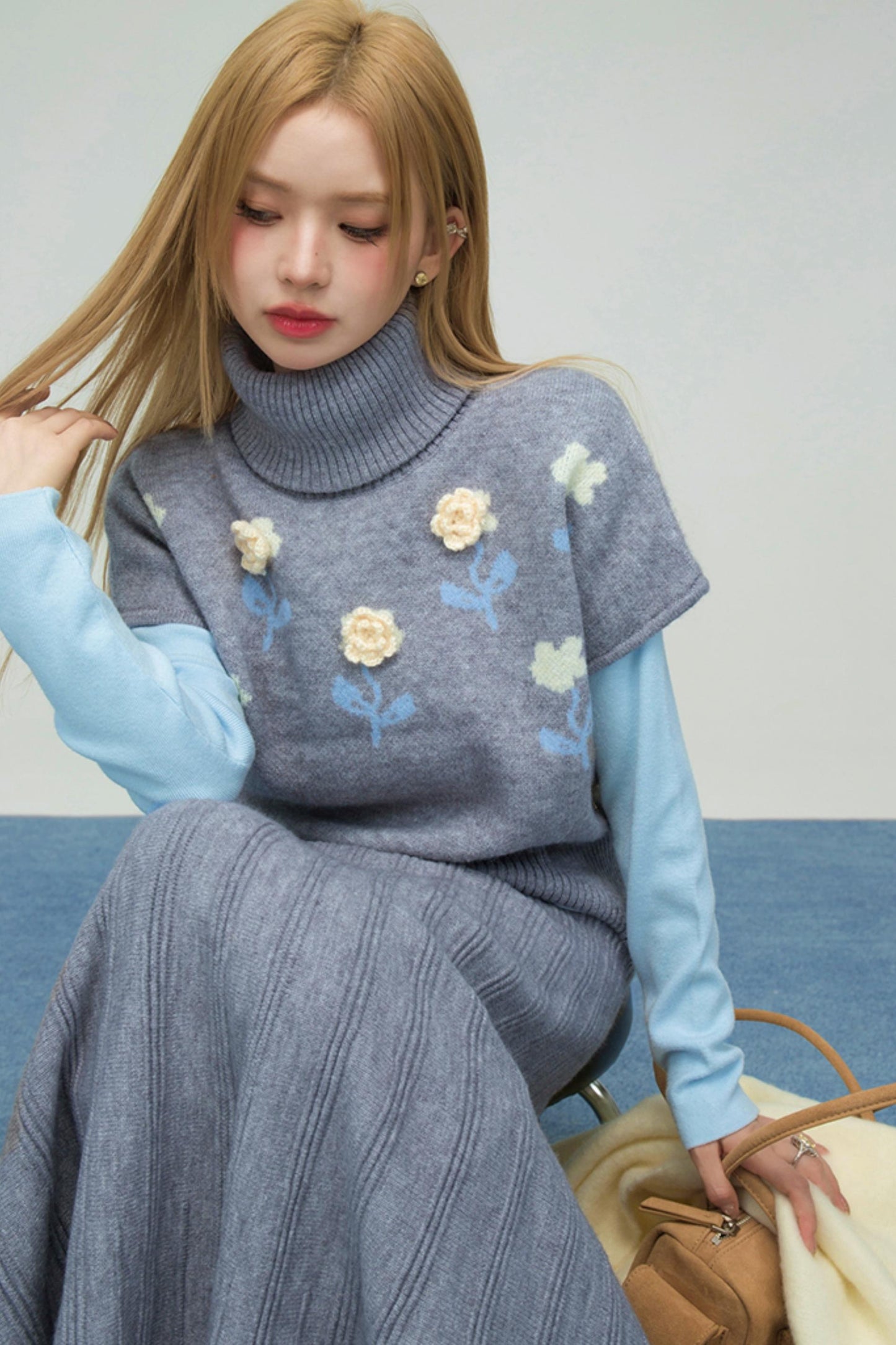 フローラルニットトップス+インナートップス+スカート