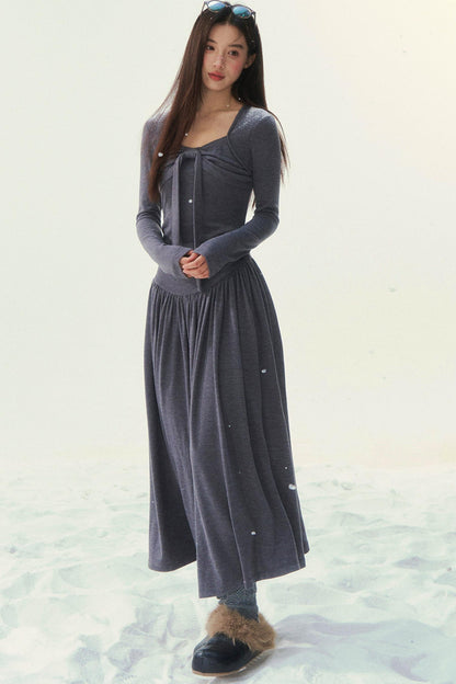 Gray Knit Waist Shaping French Dress