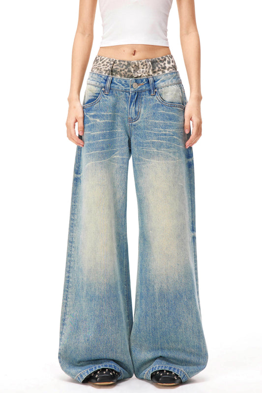 レトロレオパードパッチワークデニムパンツ