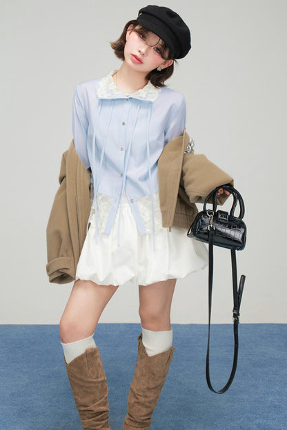 レースリボンラッフルドブラウス